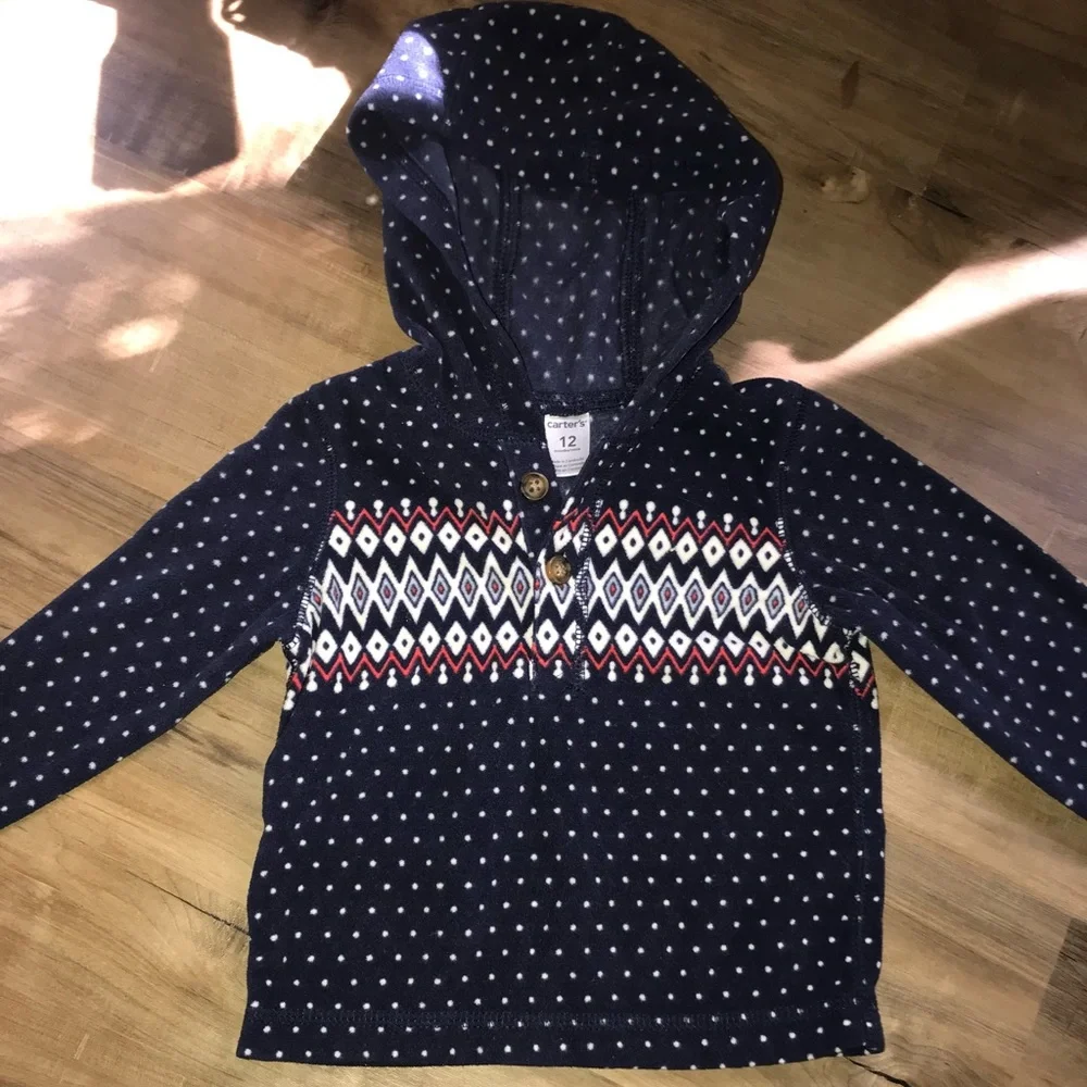 5/$25 Boho Baby Sweater Gender Long Sleeve Fleece Hood Fair Isle